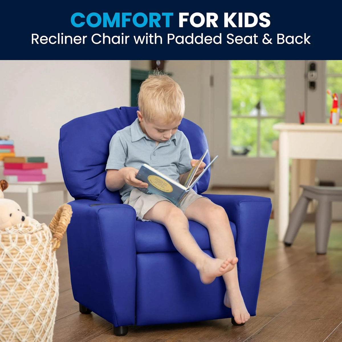 Flash Furniture Contemporary Kids Recliner with Cup Holder, Wood, Beige Vinyl, 26" x 21" x 21"