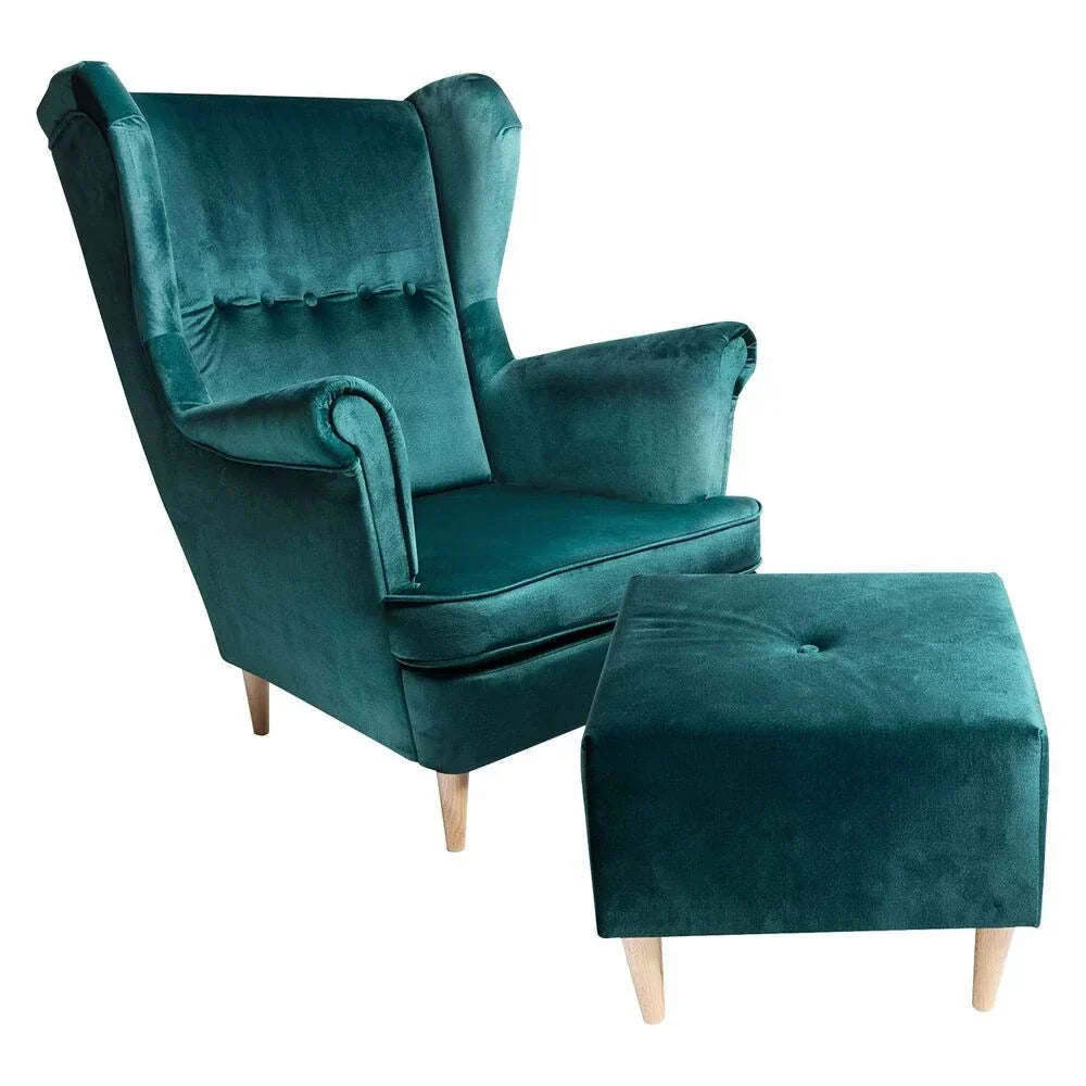 Green Jane wingback armchair with footstool