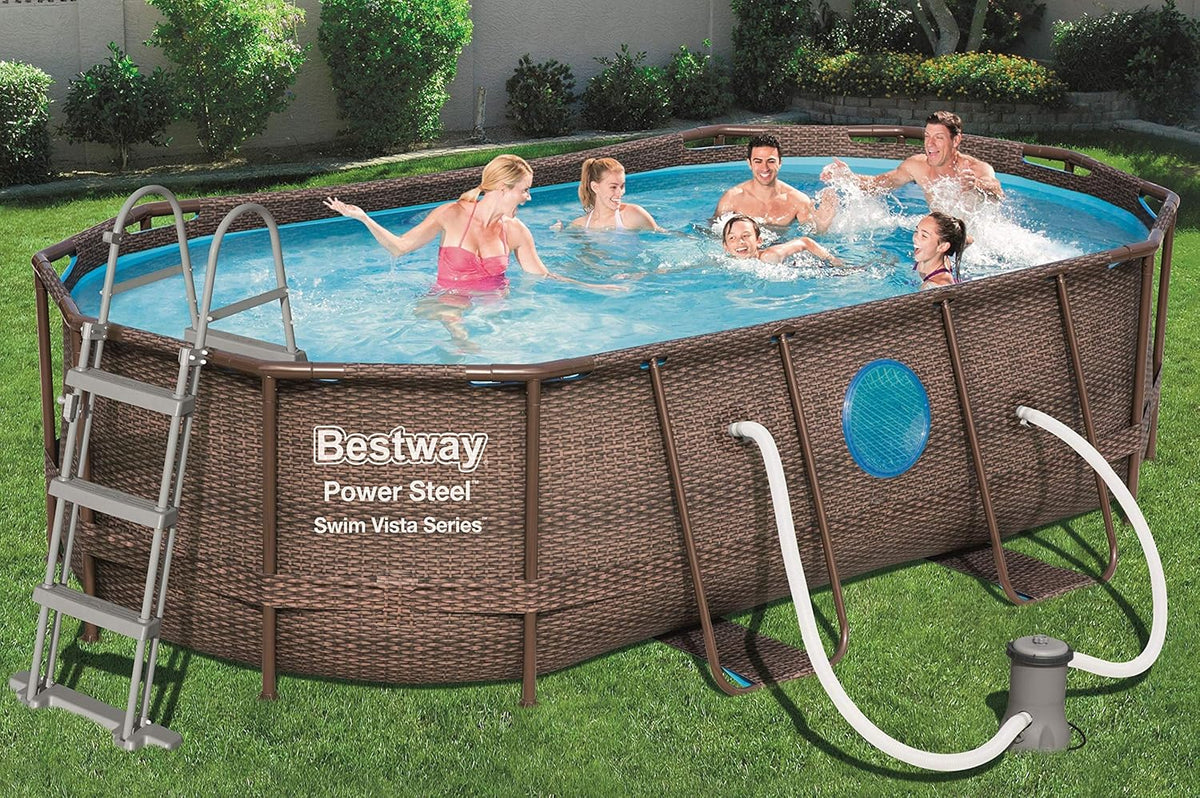 BESTWAY - Basen Stelażowy Owalny Power Steel 427x250x100 cm Pompa Kartuszowa 2006 l/h Drabinka i Pokrywa Rattan Design