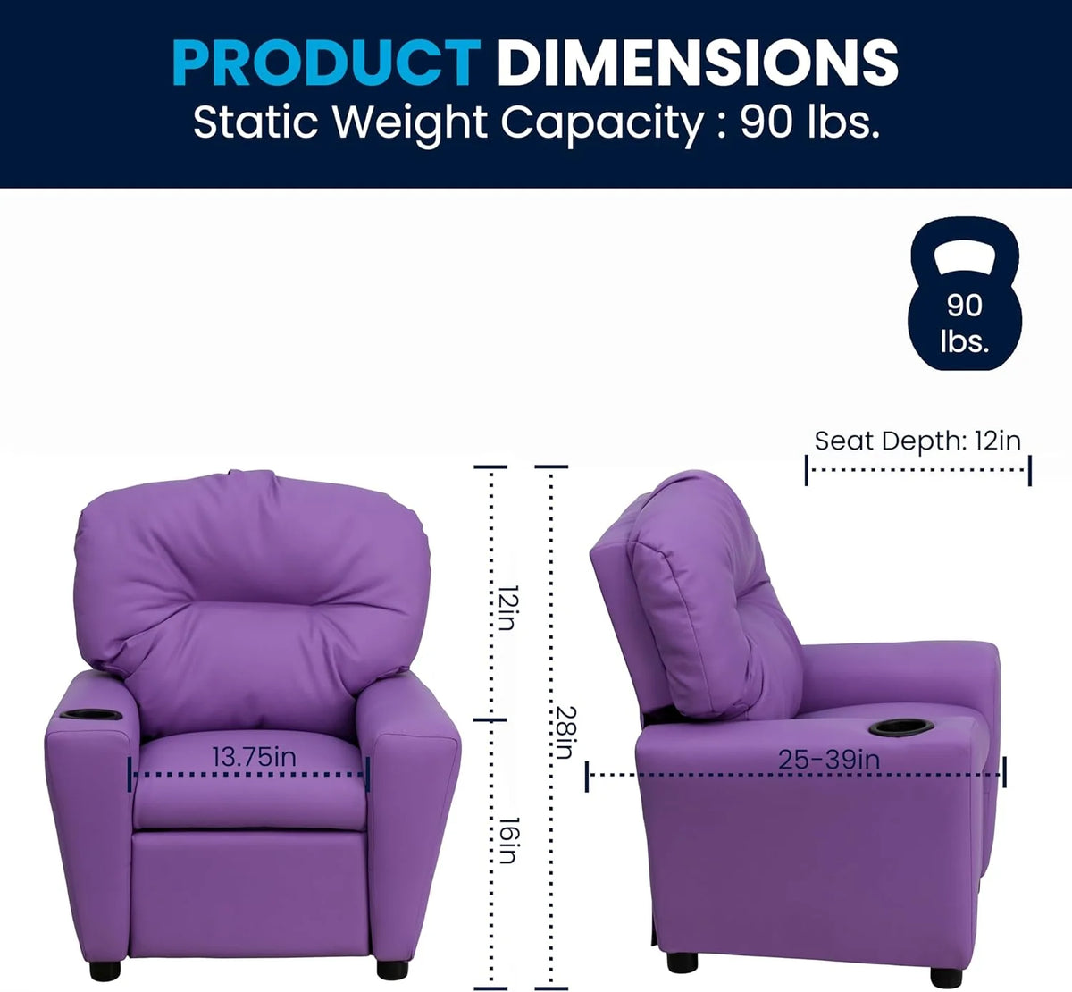 Flash Furniture Contemporary Kids Recliner with Cup Holder, Wood, Beige Vinyl, 26" x 21" x 21"