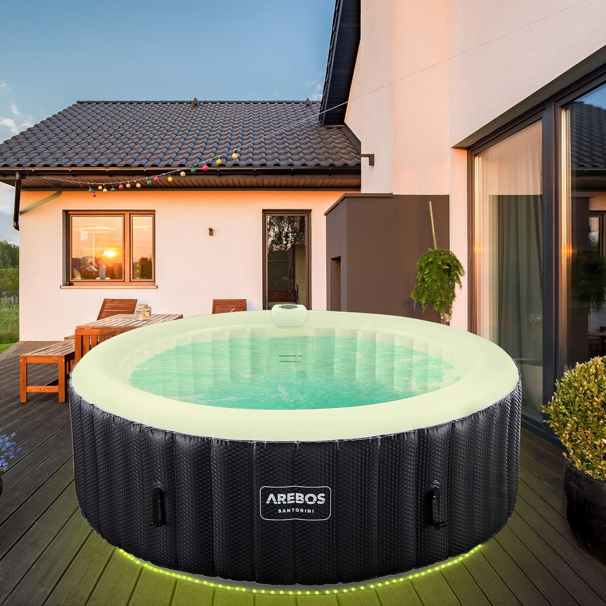 Arebos Nadmuchiwane SPA | Automatyczne pompowanie | Do użytku wewnątrz i na zewnątrz | Ø 208 cm | 6 osób | Taśma świetlna LED | 130 dysz masujących | 1000 L | Pokrywa w zestawie | Bubble SPA i masaż wellness