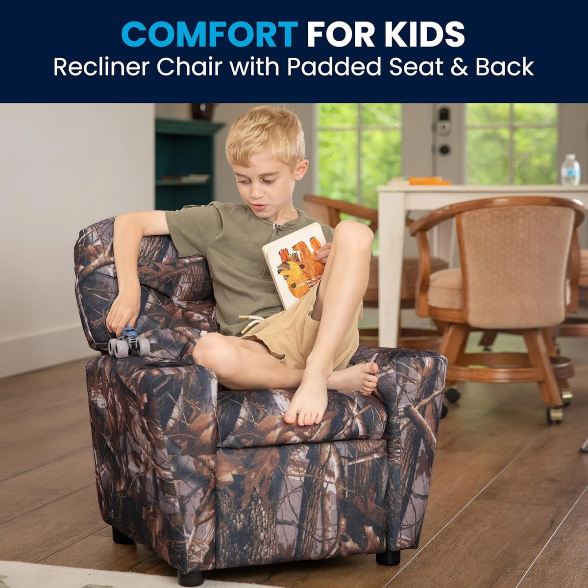 Flash Furniture Contemporary Kids Recliner with Cup Holder, Wood, Beige Vinyl, 26" x 21" x 21"