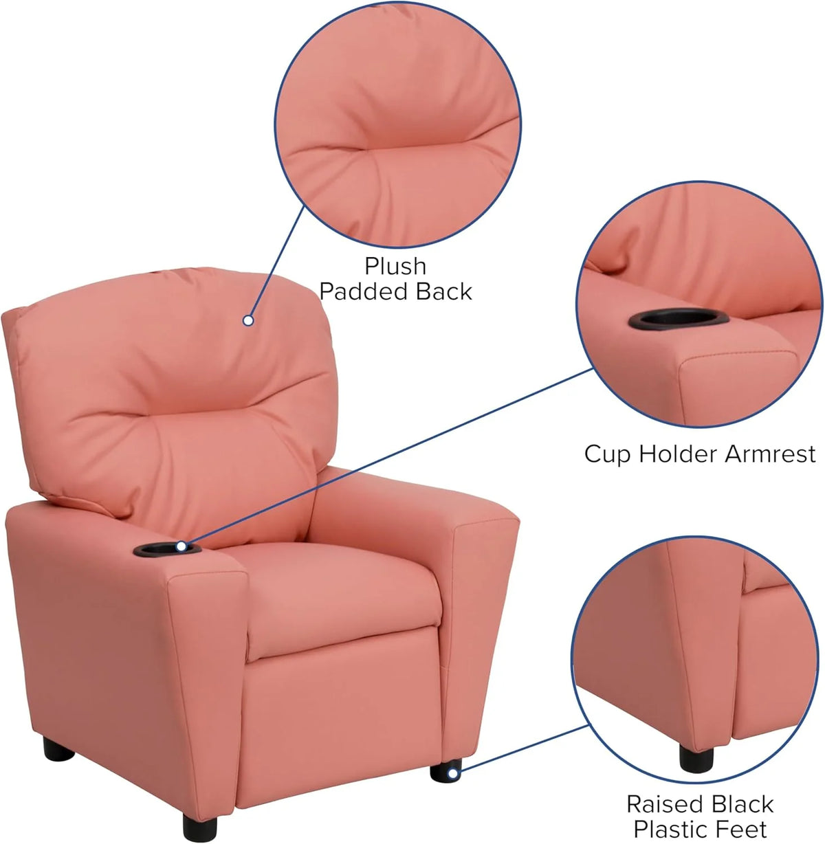 Flash Furniture Contemporary Kids Recliner with Cup Holder, Wood, Beige Vinyl, 26" x 21" x 21"