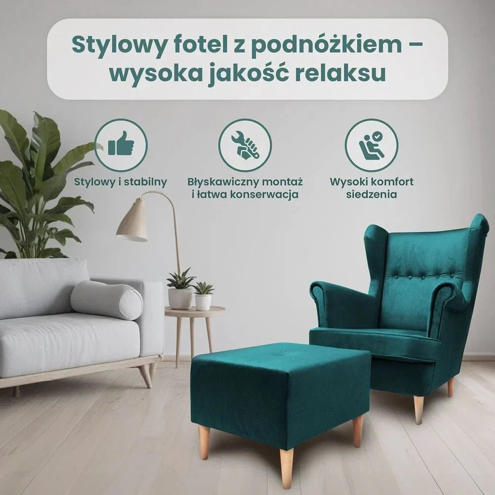Green Jane wingback armchair with footstool