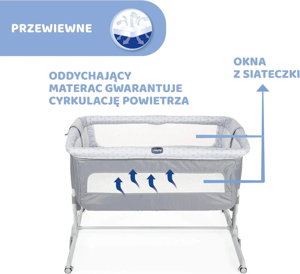 Chicco Next2Me Dream Dostawka Dziecięca - Do Wspólnego Spania z Dzieckiem, Materac, Funkcja Bujania, Otwierany Bok, Regulacja Wysokości, Okienka z Siateczki, Kółka i Torba Podróżna, 0-6 miesięcy, 9 kg