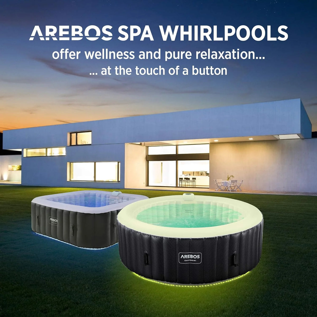 Arebos Nadmuchiwane SPA | Automatyczne pompowanie | Do użytku wewnątrz i na zewnątrz | Ø 208 cm | 6 osób | Taśma świetlna LED | 130 dysz masujących | 1000 L | Pokrywa w zestawie | Bubble SPA i masaż wellness