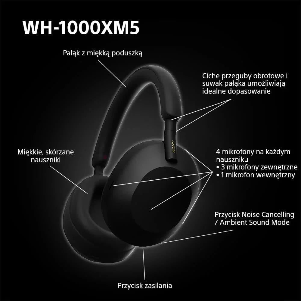Sony WH-1000XM5 ANC Bezprzewodowe słuchawki nauszne z redukcją hałasu, Bluetooth, krystalicznie czystą jakością rozmów, Hi-Res, do 30 godzin pracy na baterii, szybkie ładowanie, Alexa i Asystent Google, iOS i Android - Czarne