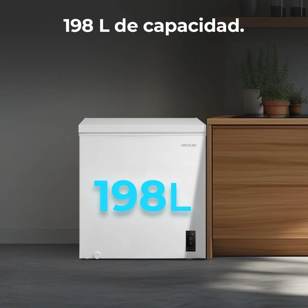 Cecotec Congelador Poziomy 198L Bolero CoolMarket Chest 198P White E. Kosz z Uchwytami, Elektroniczne Sterowanie LED, UltraContact D-Cool, Podwójna Funkcja, Drzwi ZeroG (80º-30º), Szybkie Zamrażanie, Kompaktowy