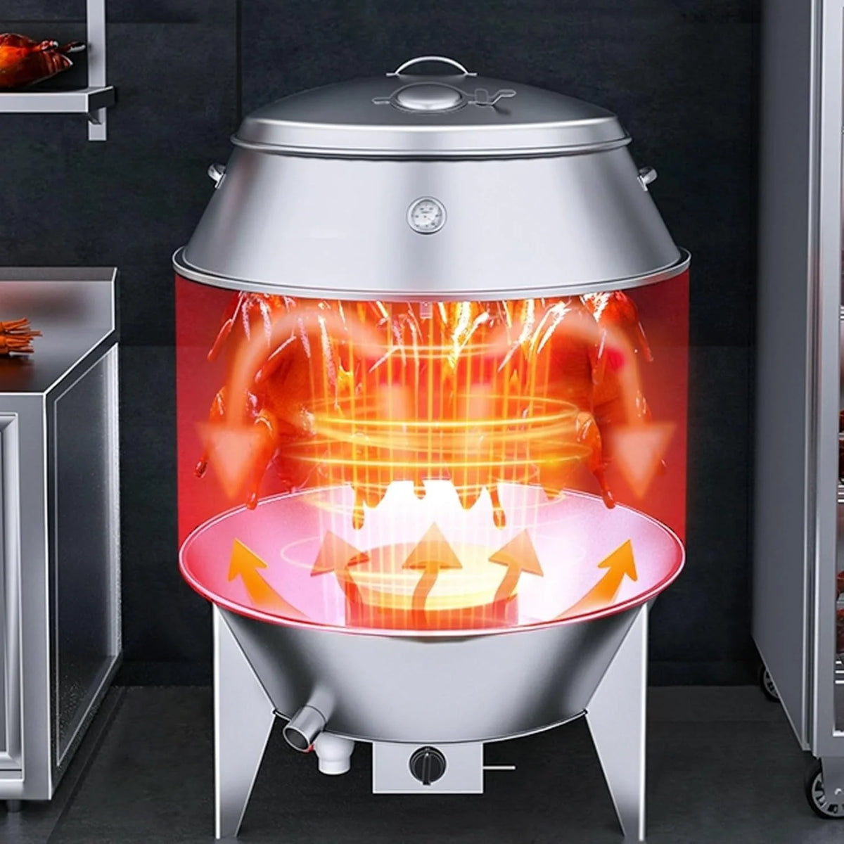 Wędzarnia Grill Beczkowy Dużej Pojemności Wykonany ze Stali Nierdzewnej W Pełni Zmywalny Okrągły Piekarnik Wiszący 360° Z Termometrem i Centralnymi Drzwiczkami Przenośny Grill