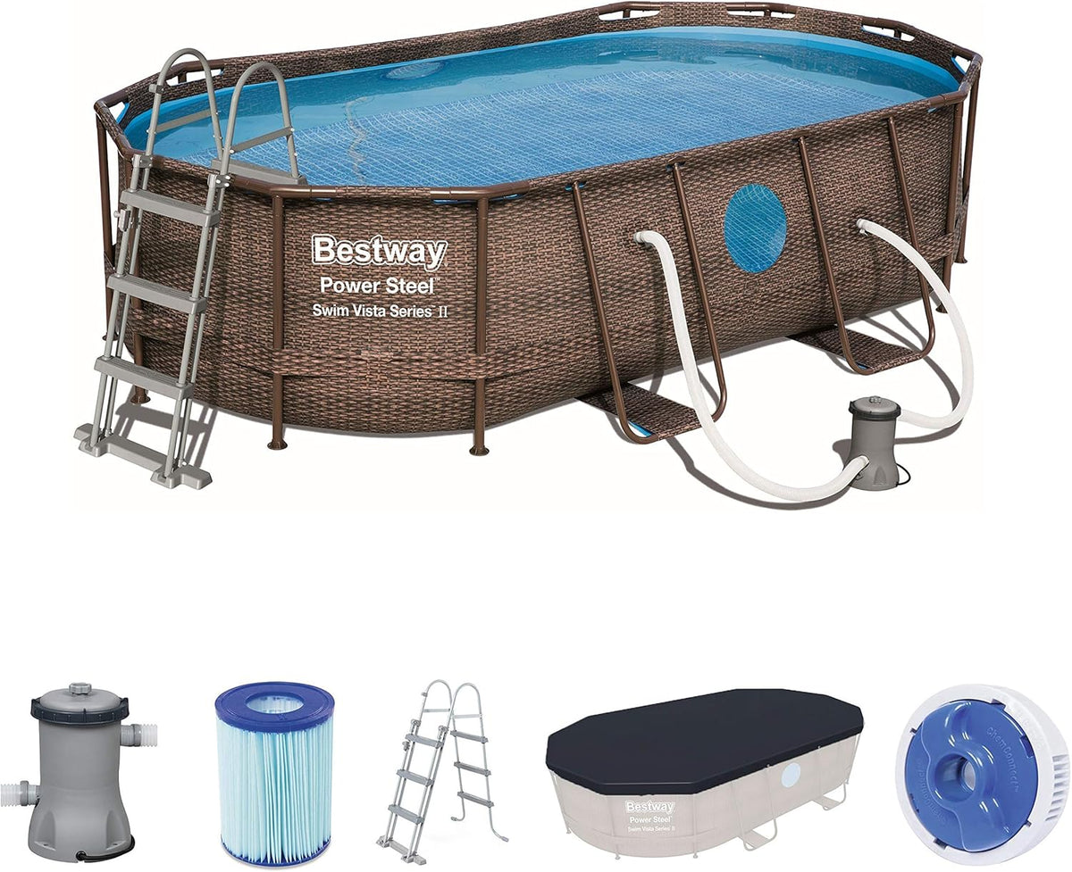 BESTWAY - Basen Stelażowy Owalny Power Steel 427x250x100 cm Pompa Kartuszowa 2006 l/h Drabinka i Pokrywa Rattan Design