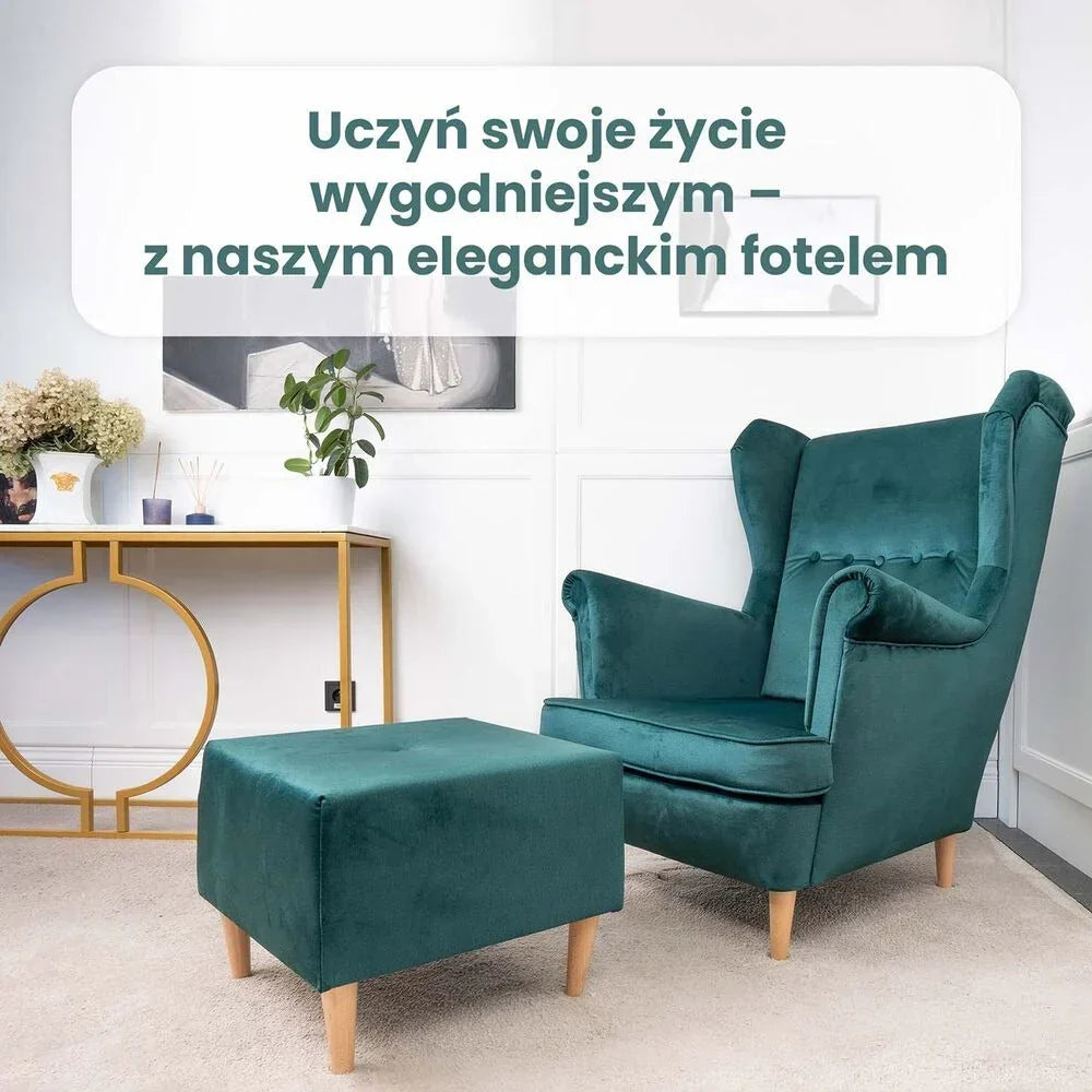 Green Jane wingback armchair with footstool