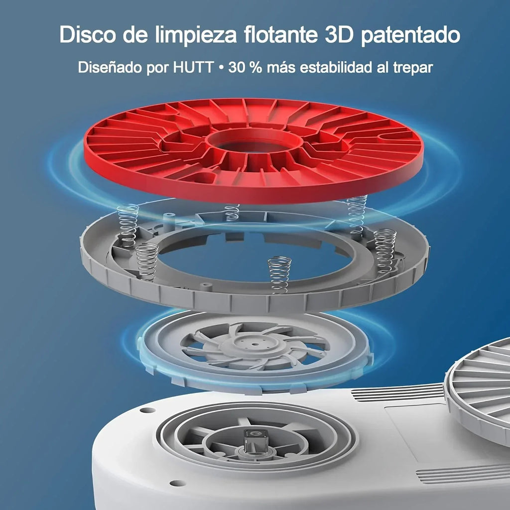 Robot do mycia okien HUTT S55 Pro z unoszącymi się nakładkami 3D, siłą ssania do 6500 Pa, spryskiwaniem HydroJet, nawigacją Slam 4.0, zbiornikiem 80 ml, wielowarstwowym systemem bezpieczeństwa