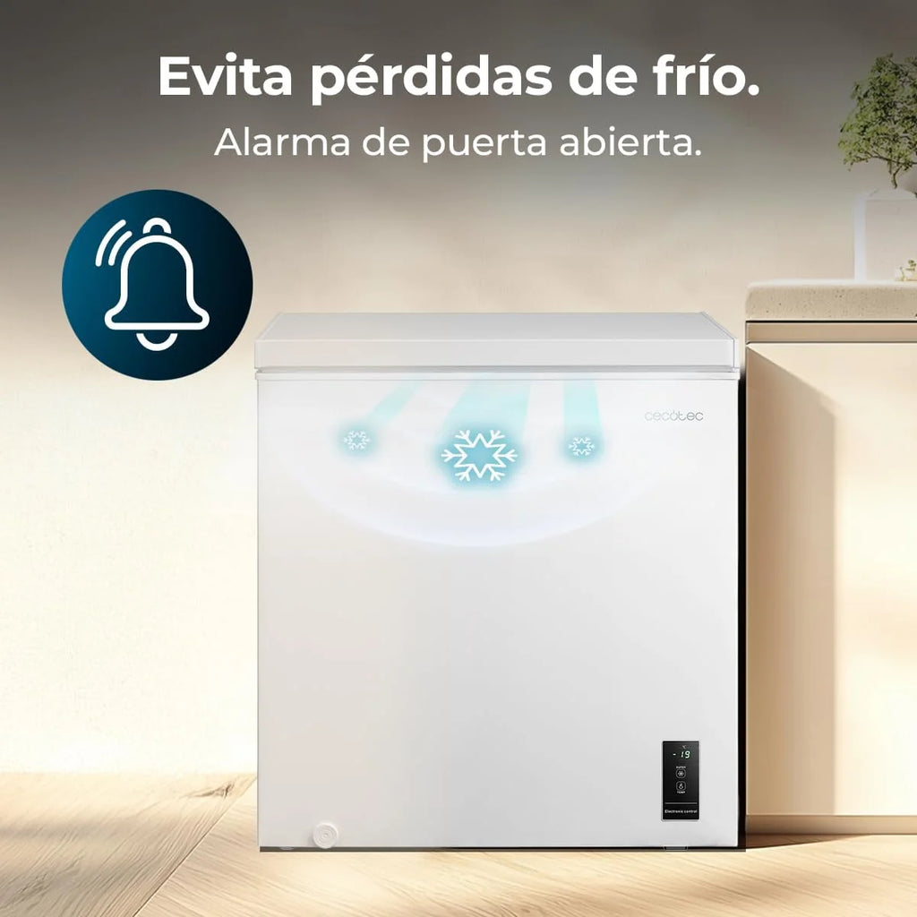Cecotec Congelador Poziomy 198L Bolero CoolMarket Chest 198P White E. Kosz z Uchwytami, Elektroniczne Sterowanie LED, UltraContact D-Cool, Podwójna Funkcja, Drzwi ZeroG (80º-30º), Szybkie Zamrażanie, Kompaktowy