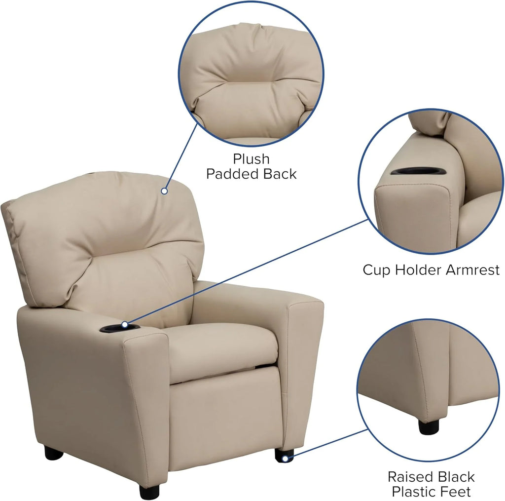 Flash Furniture Contemporary Kids Recliner with Cup Holder, Wood, Beige Vinyl, 26" x 21" x 21"