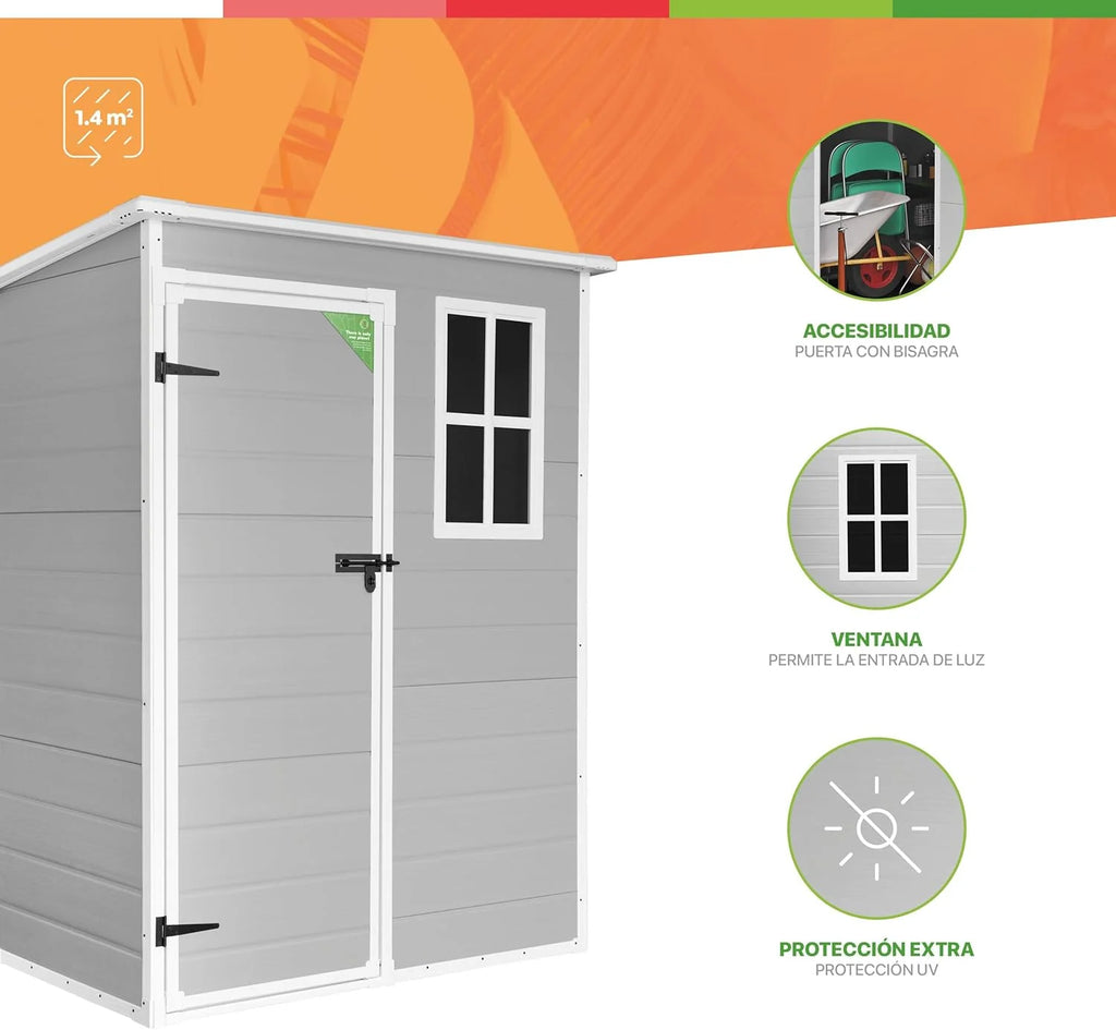 Wasabi - Domek Ogrodowy z Żywicy Unit 1.4 – Okno z Naturalnym Światłem - Podłoga w Zestawie - Panele o Grubości 12mm - Szaro-Biały - Szopa z PVC do Przechowywania na Zewnątrz - 1,37m2 - Płaski Dach