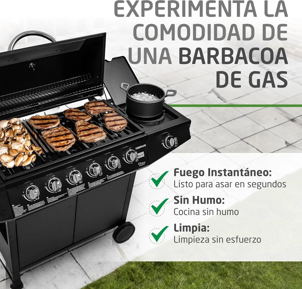 Amig - Grill gazowy Fireplus 6+1 o mocy 12,9 kW - Czarna stal nierdzewna - Ruszt na kółkach Model GRILL-6F - Grill XXL z wózkiem i termometrem - 138x52x103 cm - 7 palników i boczna półka
