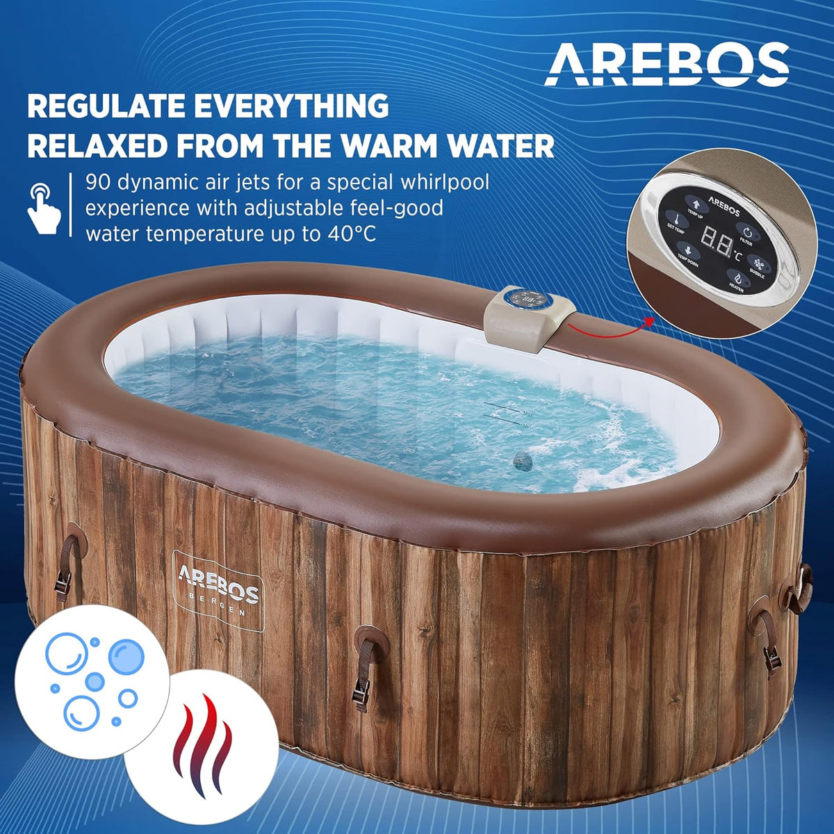 Arebos Whirlpool | Dmuchane SPA | Do użytku wewnątrz i na zewnątrz | Owalne 190x120 cm | 2 osoby | 90 dysz masujących | Z ogrzewaniem | 550 litrów | W zestawie Pokrowiec | Masaż bąbelkowy SPA i Wellness