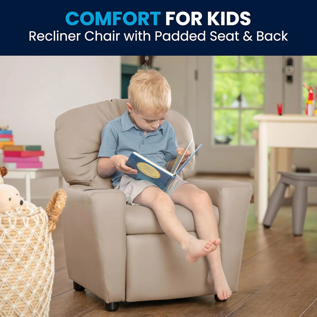 Flash Furniture Contemporary Kids Recliner with Cup Holder, Wood, Beige Vinyl, 26" x 21" x 21"