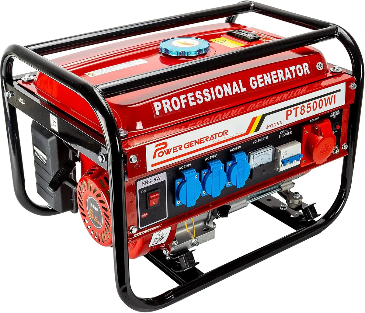 Agregat prądotwórczy benzynowy | W zestawie akcesoria | Cichy generator prądu | 5 gniazd: 3 x 230 V / 1 x 400 V / 1 x 12 V | 6,5 KM