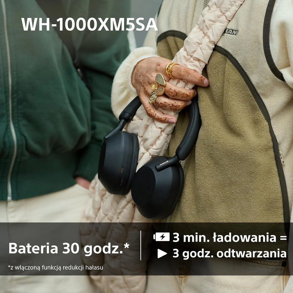 Sony WH-1000XM5 ANC Bezprzewodowe słuchawki nauszne z redukcją hałasu, Bluetooth, krystalicznie czystą jakością rozmów, Hi-Res, do 30 godzin pracy na baterii, szybkie ładowanie, Alexa i Asystent Google, iOS i Android - Czarne