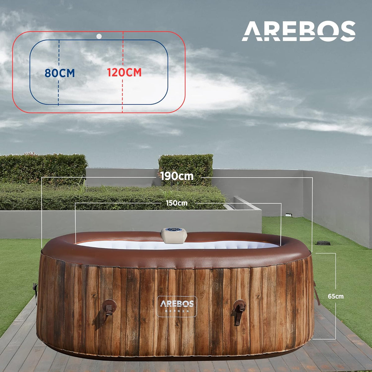 Arebos Whirlpool | Dmuchane SPA | Do użytku wewnątrz i na zewnątrz | Owalne 190x120 cm | 2 osoby | 90 dysz masujących | Z ogrzewaniem | 550 litrów | W zestawie Pokrowiec | Masaż bąbelkowy SPA i Wellness