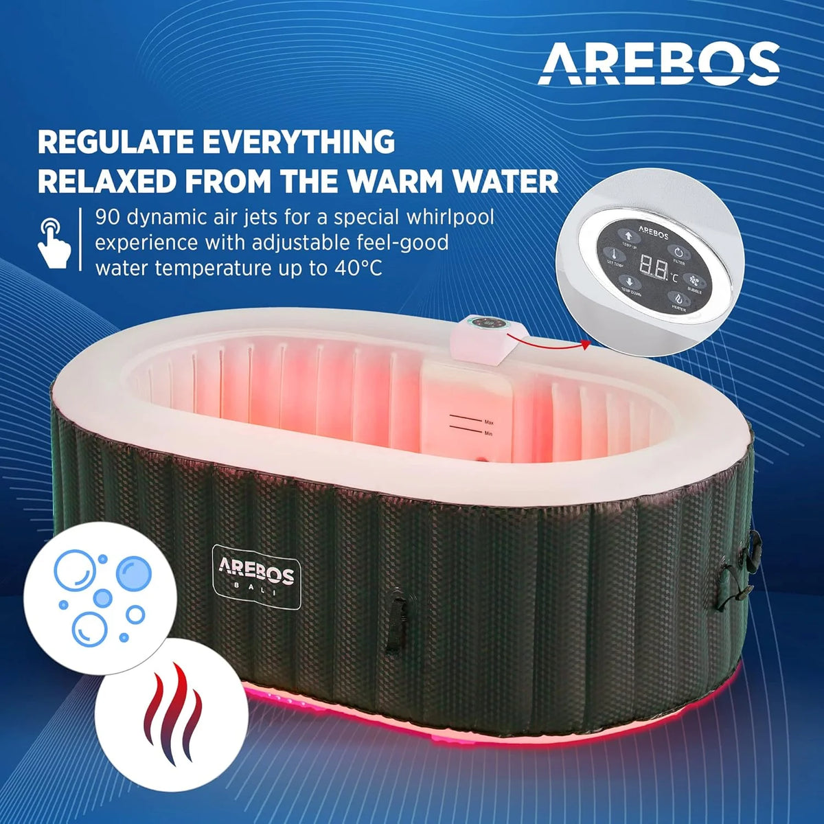 Arebos Wanna z hydromasażem z oświetleniem LED | Dmuchane SPA | Do użytku wewnętrznego i zewnętrznego | 190x120 cm owalna | 2 osoby | 90 dysz masujących | Z ogrzewaniem | 550 litrów | W zestawie pokrywa