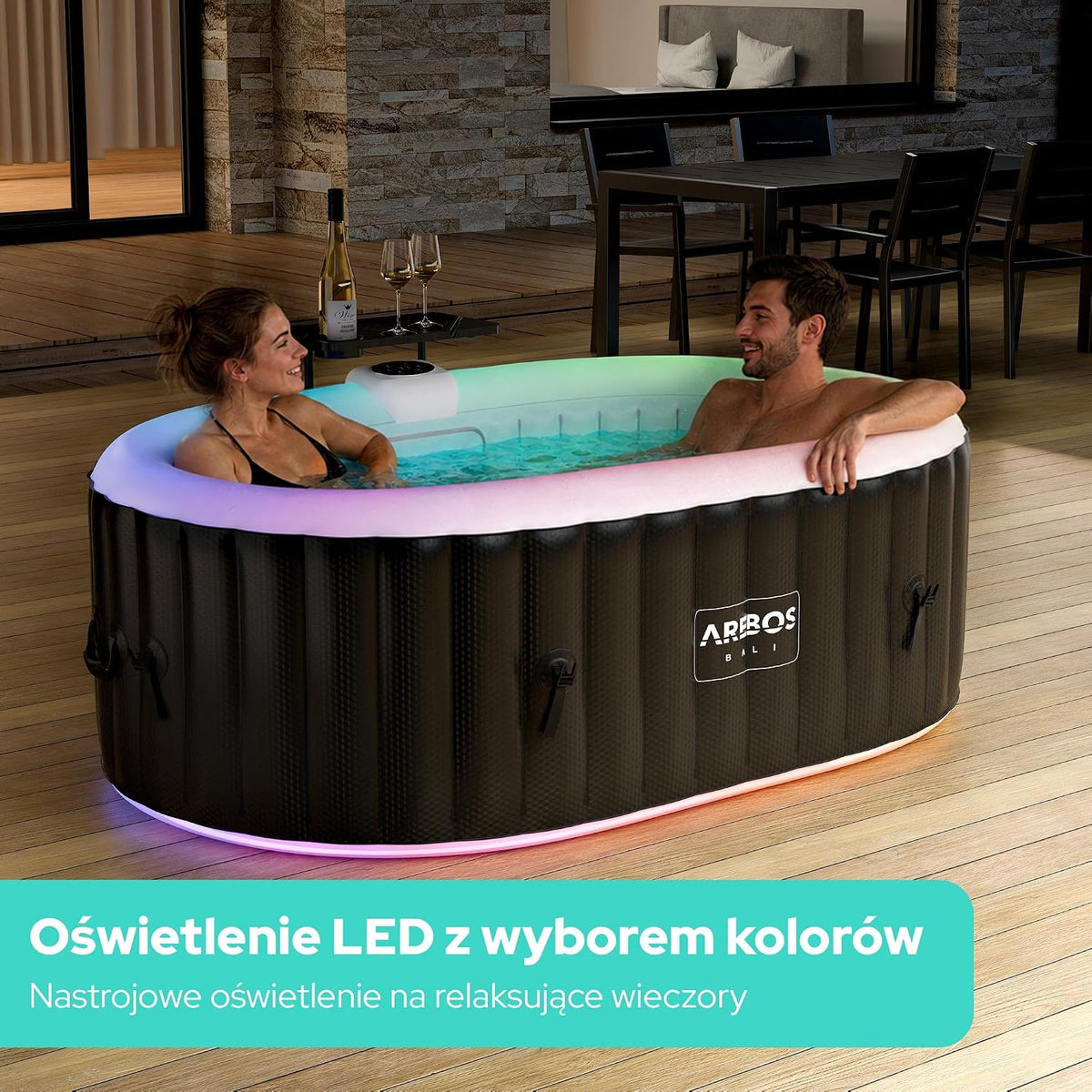 Arebos Nadmuchiwane spa z oświetleniem LED | Nadmuchiwane | Do użytku wewnętrznego i zewnętrznego | 190x120 cm Owalne | 2 osoby | 90 dysz masujących | Z ogrzewaniem | 550 litrów | Pokrywa w zestawie | Spa bąbelkowe