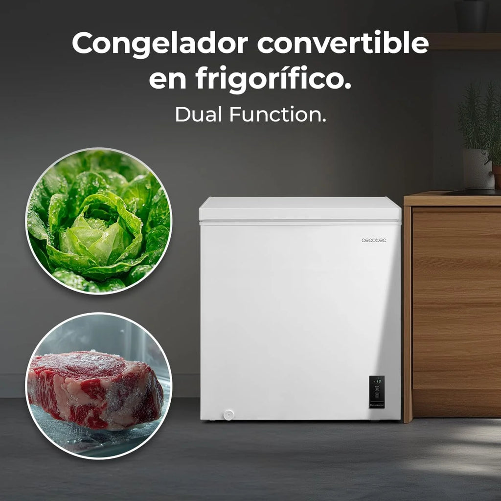 Cecotec Congelador Poziomy 198L Bolero CoolMarket Chest 198P White E. Kosz z Uchwytami, Elektroniczne Sterowanie LED, UltraContact D-Cool, Podwójna Funkcja, Drzwi ZeroG (80º-30º), Szybkie Zamrażanie, Kompaktowy