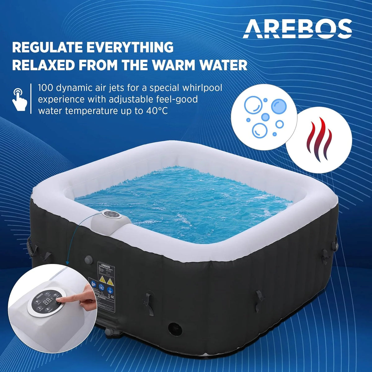 Arebos Dmuchane Jacuzzi SPA | Nadmuchiwane | Kwadratowe | Do Użytku Wewnętrznego i Zewnętrznego | 154x154cm | 4 Osoby | 130 Dysz Masujących | 600 L