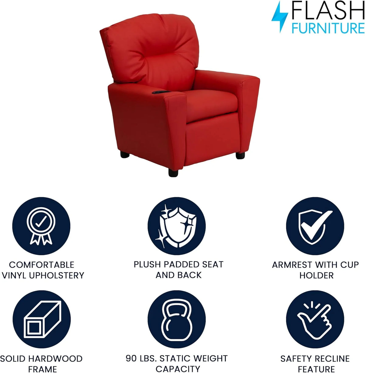Flash Furniture Contemporary Kids Recliner with Cup Holder, Wood, Beige Vinyl, 26" x 21" x 21"