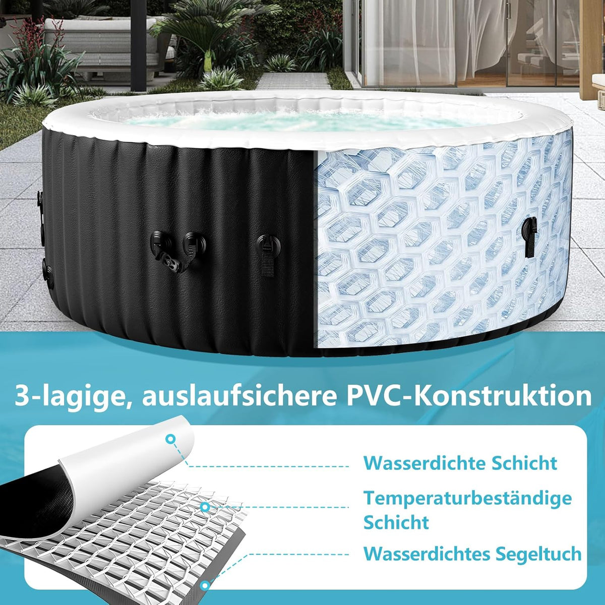 Dmuchane jacuzzi dla 4 osób, 2400 W do użytku wewnątrz/na zewnątrz, zimowy basen spa ze 120 dyszami powietrznymi, zabezpieczenie przed mrozem, 799 litrów, szczelne, energooszczędne