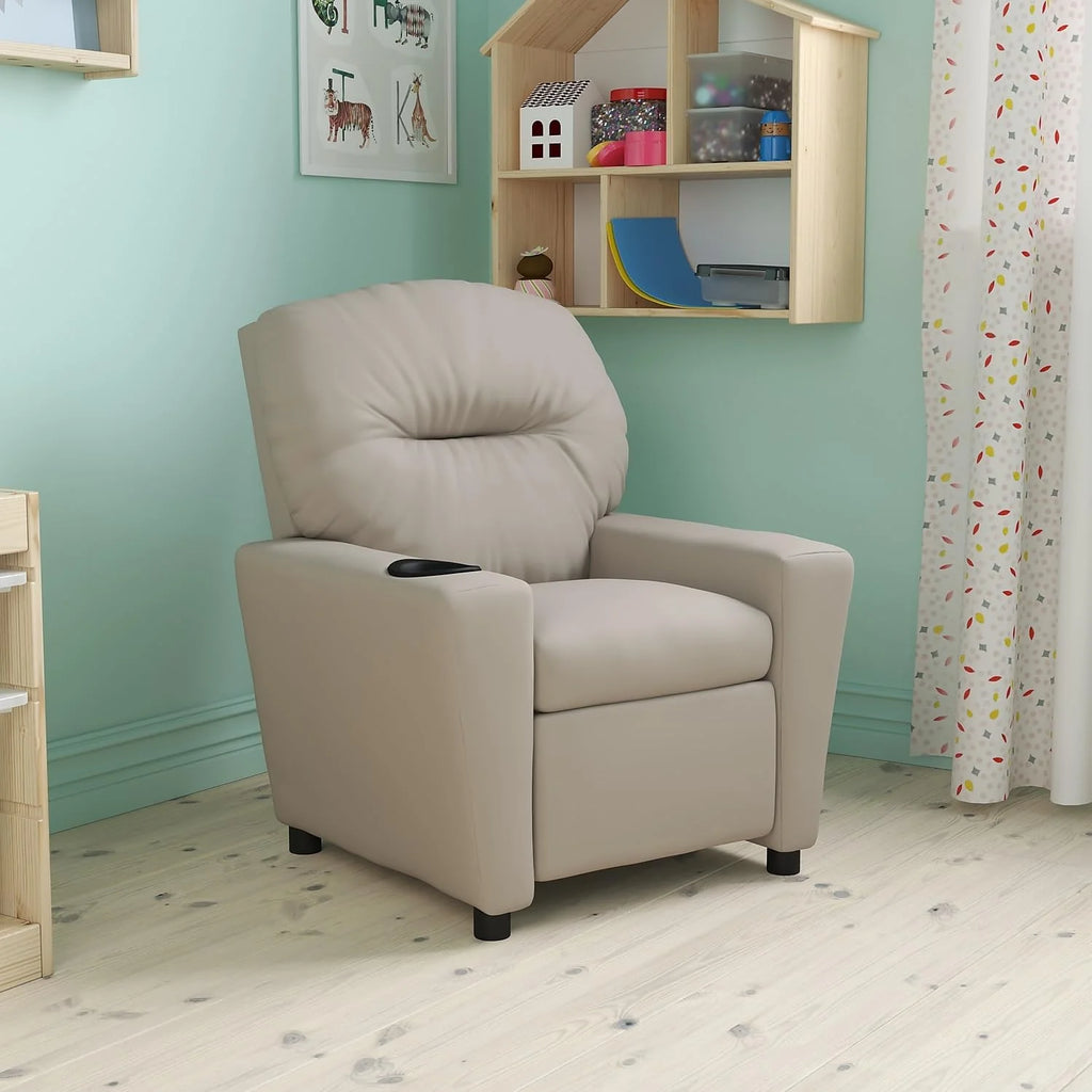 Flash Furniture Contemporary Kids Recliner with Cup Holder, Wood, Beige Vinyl, 26" x 21" x 21"