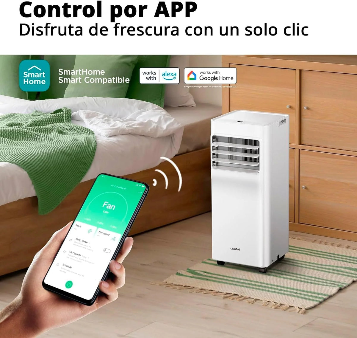Klimatyzator przenośny COMFEE Pingüino 9000 BTU/2300 Frigorías Breezy Cool Pro – bez jednostki zewnętrznej, niskie zużycie energii, sterowanie przez aplikację i zestaw okienny – chłodzenie, wentylacja i osuszanie