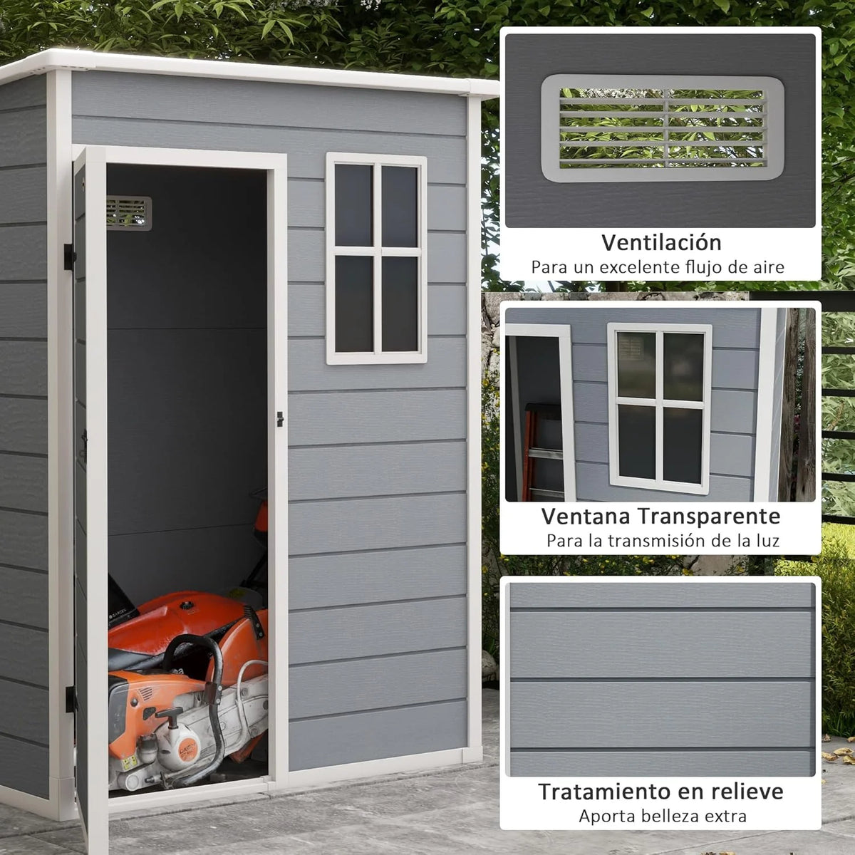 Outsunny Zewnętrzny Domek Ogrodowy, 1,14 m², 151x92x193 cm, Szopa Ogrodowa z Podłogą, Drzwiami Przesuwnymi, Oknem i Spadzistym Dachem, do Przechowywania Narzędzi, Szary