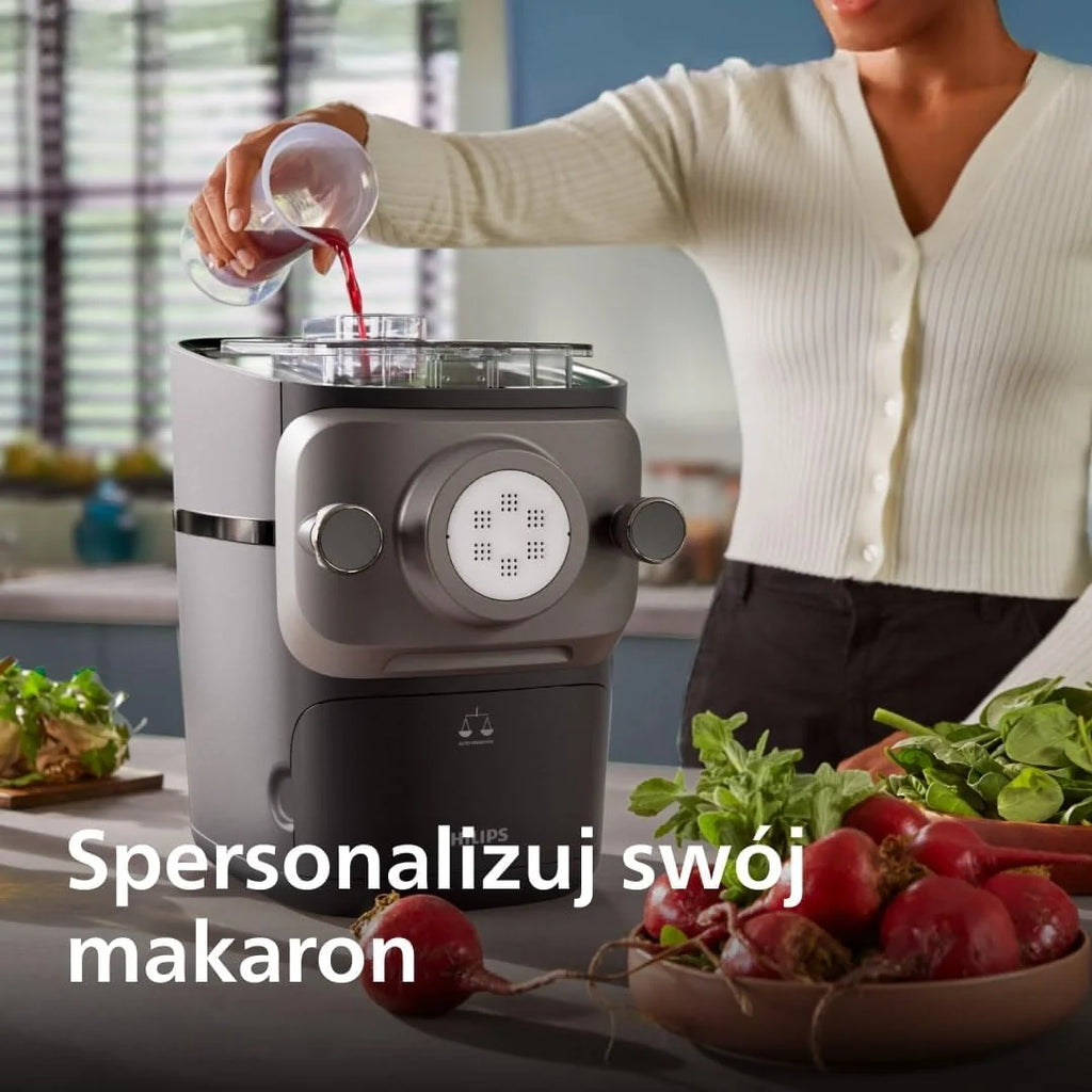 Philips Pasta Maker z serii 7000 - Technologia ProExtrude, Automatyczne ważenie, 8 tarcz do makaronu, Idealne ciasto, Łatwe czyszczenie, Czarny (HR2665/93)
