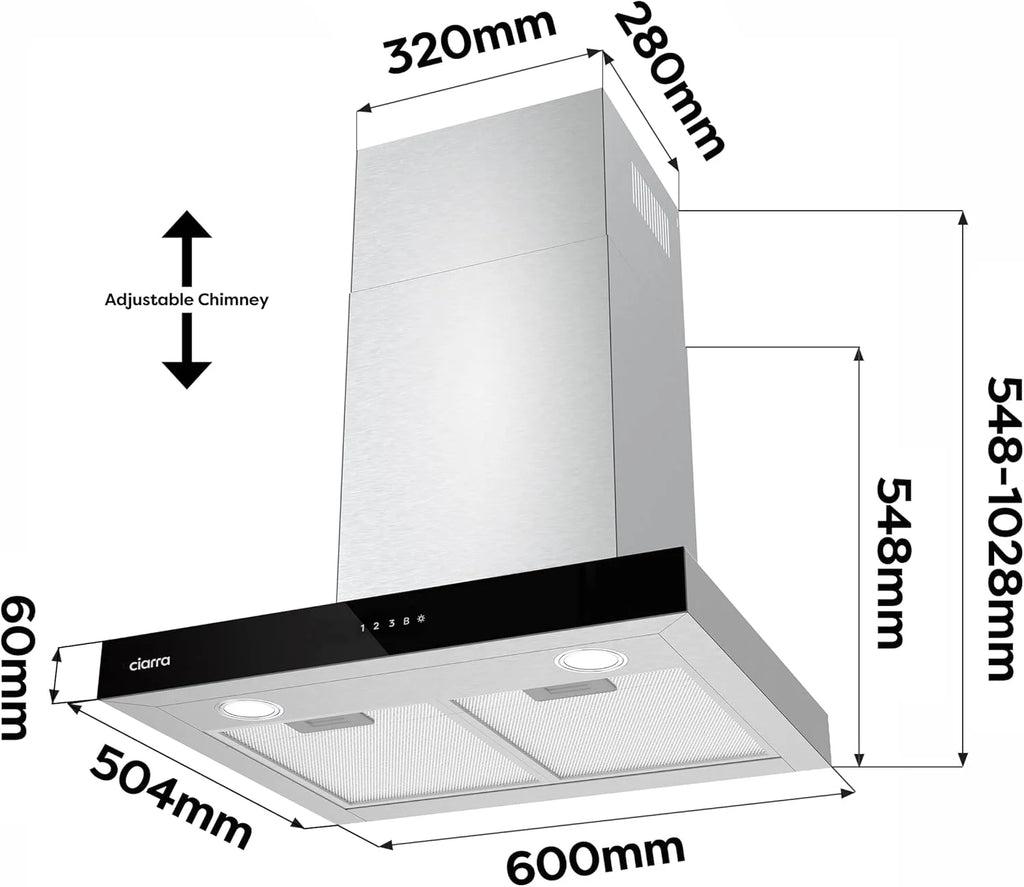 Ciarra CBCS6102 Okap Kuchenny 60cm 650 m³/h - Sterowanie Dotykowe i Wi-Fi - 4 Prędkości - Odsysanie Zewnętrzne i Recyrkulacja Wewnętrzna przez Filtr Węglowy CBCF003 - Stal Nierdzewna