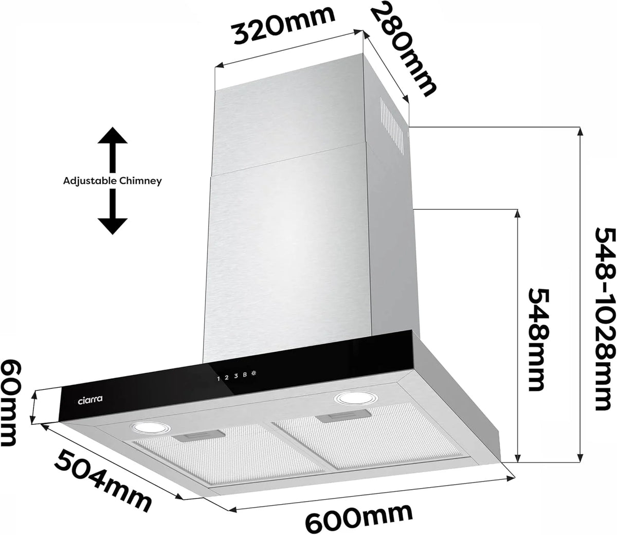 Ciarra CBCS6102 Okap Kuchenny 60cm 650 m³/h - Sterowanie Dotykowe i Wi-Fi - 4 Prędkości - Odsysanie Zewnętrzne i Recyrkulacja Wewnętrzna przez Filtr Węglowy CBCF003 - Stal Nierdzewna