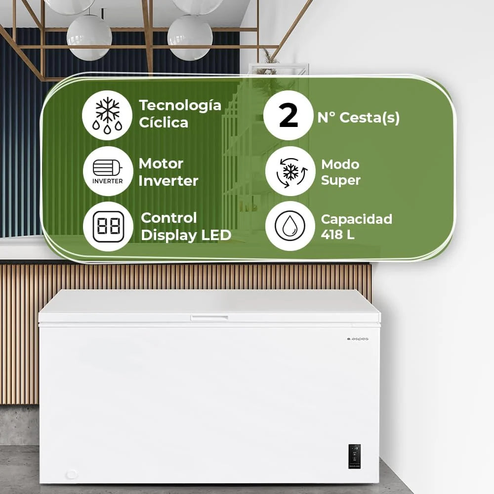 Aspes Congelador Horizontal Blanco ACHH4500EDC. Pojemność 418 litrów, Dual Cooling, 2 kosze, Niski Poziom Hałasu, Klasa Efektywności Energetycznej E