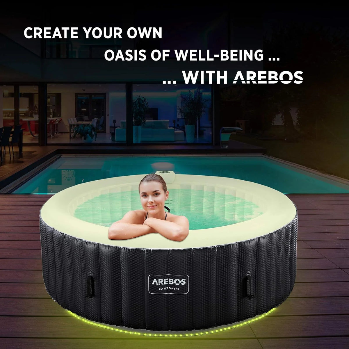 Arebos Nadmuchiwane SPA | Automatyczne pompowanie | Do użytku wewnątrz i na zewnątrz | Ø 208 cm | 6 osób | Taśma świetlna LED | 130 dysz masujących | 1000 L | Pokrywa w zestawie | Bubble SPA i masaż wellness
