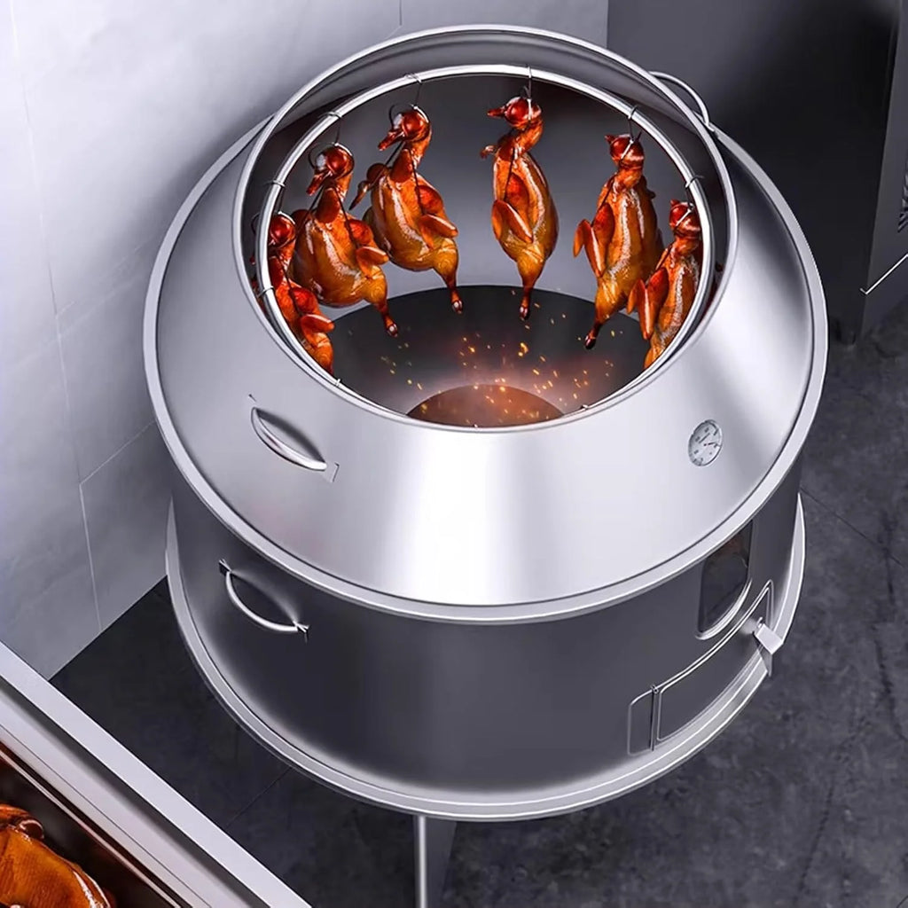 Wędzarnia Grill Beczkowy Dużej Pojemności Wykonany ze Stali Nierdzewnej W Pełni Zmywalny Okrągły Piekarnik Wiszący 360° Z Termometrem i Centralnymi Drzwiczkami Przenośny Grill