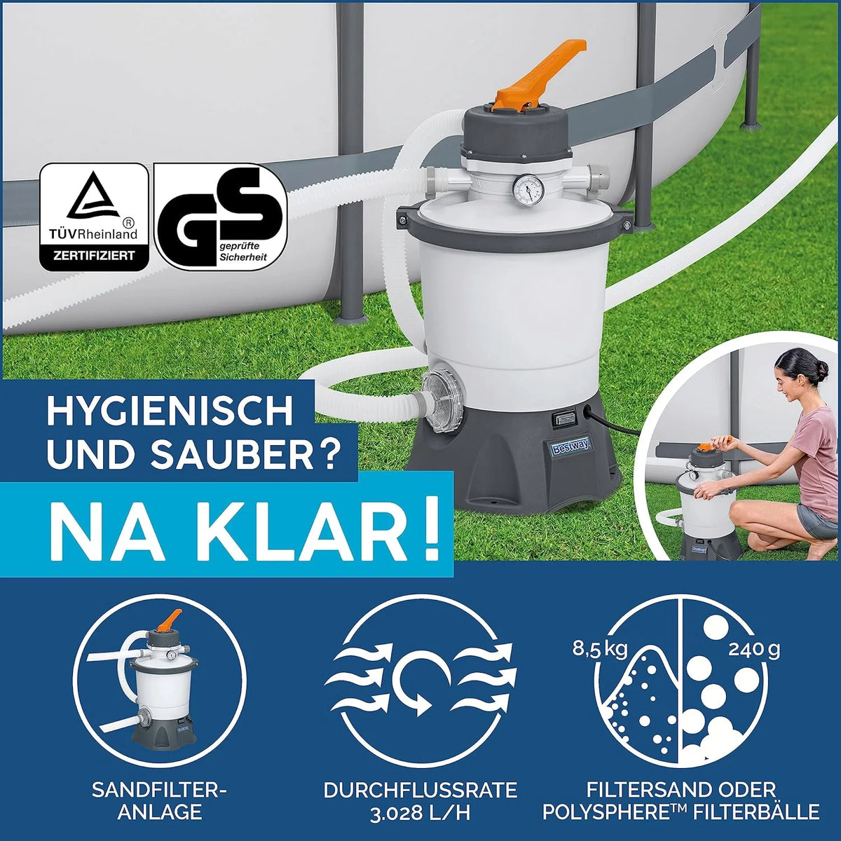 Bestway Hydrium - Basen ze stalowymi ścianami, z filtrem piaskowym, o średnicy 300 x 120 cm, szary, okrągły