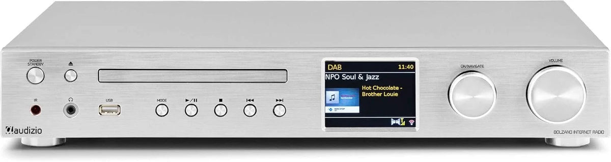 Audizio Bolzano - Radio internetowa DAB+ i FM WLAN Bluetooth, odtwarzacz CD, Spotify Connect, budzik, 40 000 stacji, pilot i sterowanie za pomocą aplikacji, złącze Toslink i subwoofer, srebrna