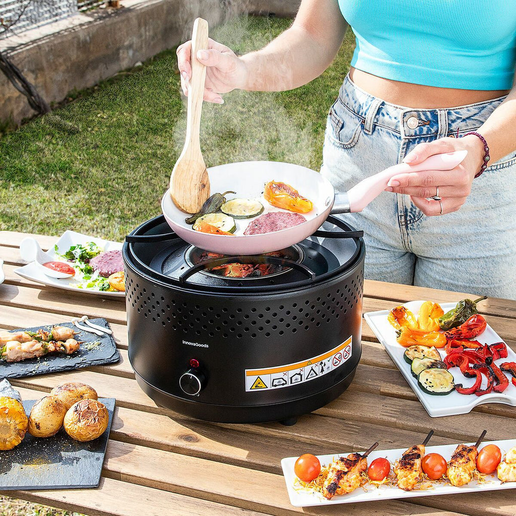 InnovaGoods Przenośny Grill Węglowy Bezdymny Żeliwny Ø28,5 x 18 cm, Ø28,5 x 18 cm Czarny
