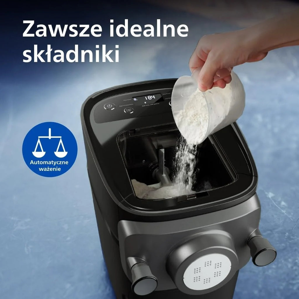 Philips Pasta Maker z serii 7000 - Technologia ProExtrude, Automatyczne ważenie, 8 tarcz do makaronu, Idealne ciasto, Łatwe czyszczenie, Czarny (HR2665/93)