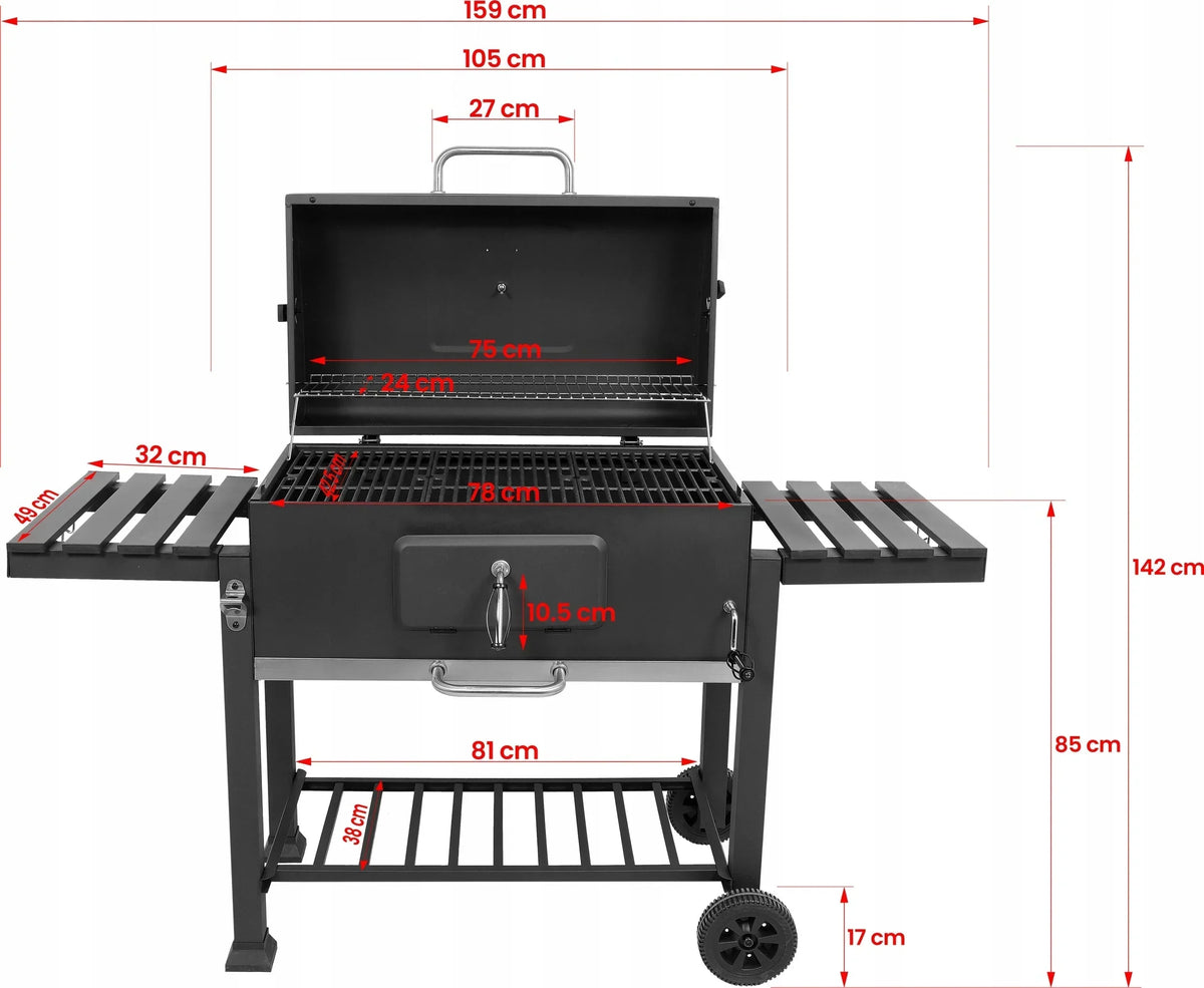 LARGE XXL CHARCOAL GRILL ADJUSTABLE CAST IRON GRATE 78x42.5mm 3 SHELVES LUND