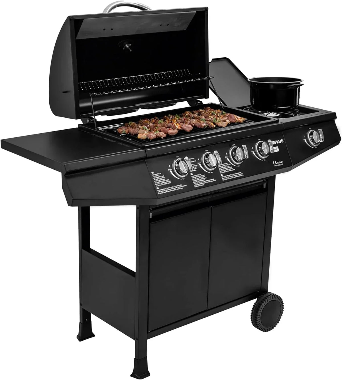 Amig - Grill gazowy Fireplus 3+1 8,4 kW - Czarna stal nierdzewna - Grill na kółkach Model GRILL-3F - Grill XXL z wózkiem i termometrem - 117x52x103cm - 4 palniki i boczna półka
