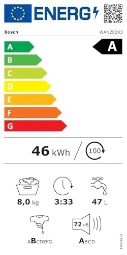 2025 Bosch WAN282K3, Serie 4, Pralka ładowana od przodu, 8 kg, 1400 obr./min, SpeedPerfect, maksymalna oszczędność energii i wody, funkcja dokładania prania, wyjątkowo higieniczna, AquaStop, IronAssist