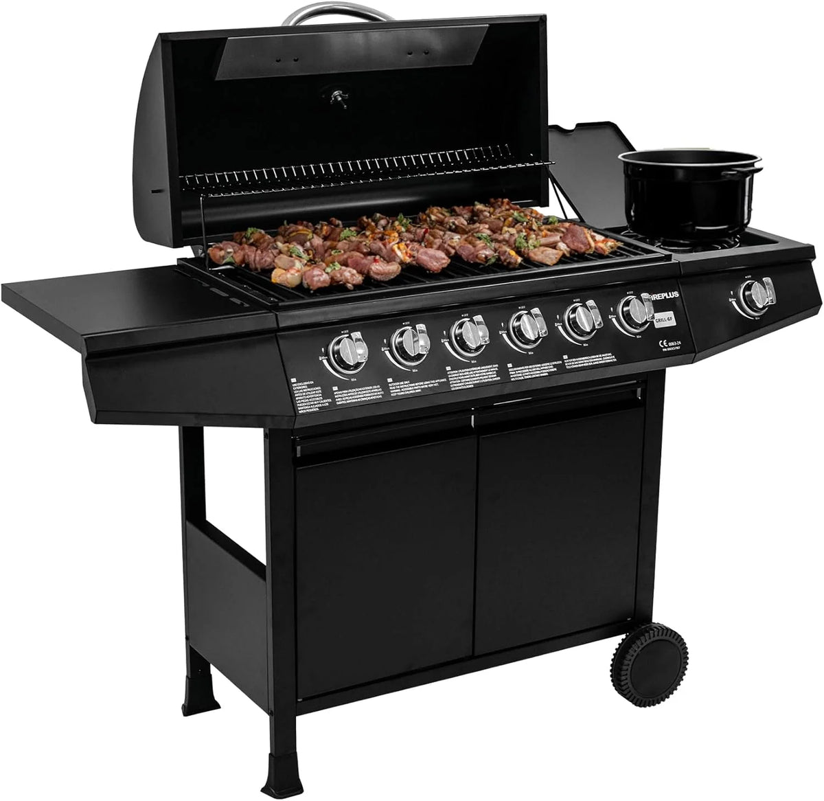 Amig - Grill gazowy Fireplus 6+1 o mocy 12,9 kW - Czarna stal nierdzewna - Ruszt na kółkach Model GRILL-6F - Grill XXL z wózkiem i termometrem - 138x52x103 cm - 7 palników i boczna półka