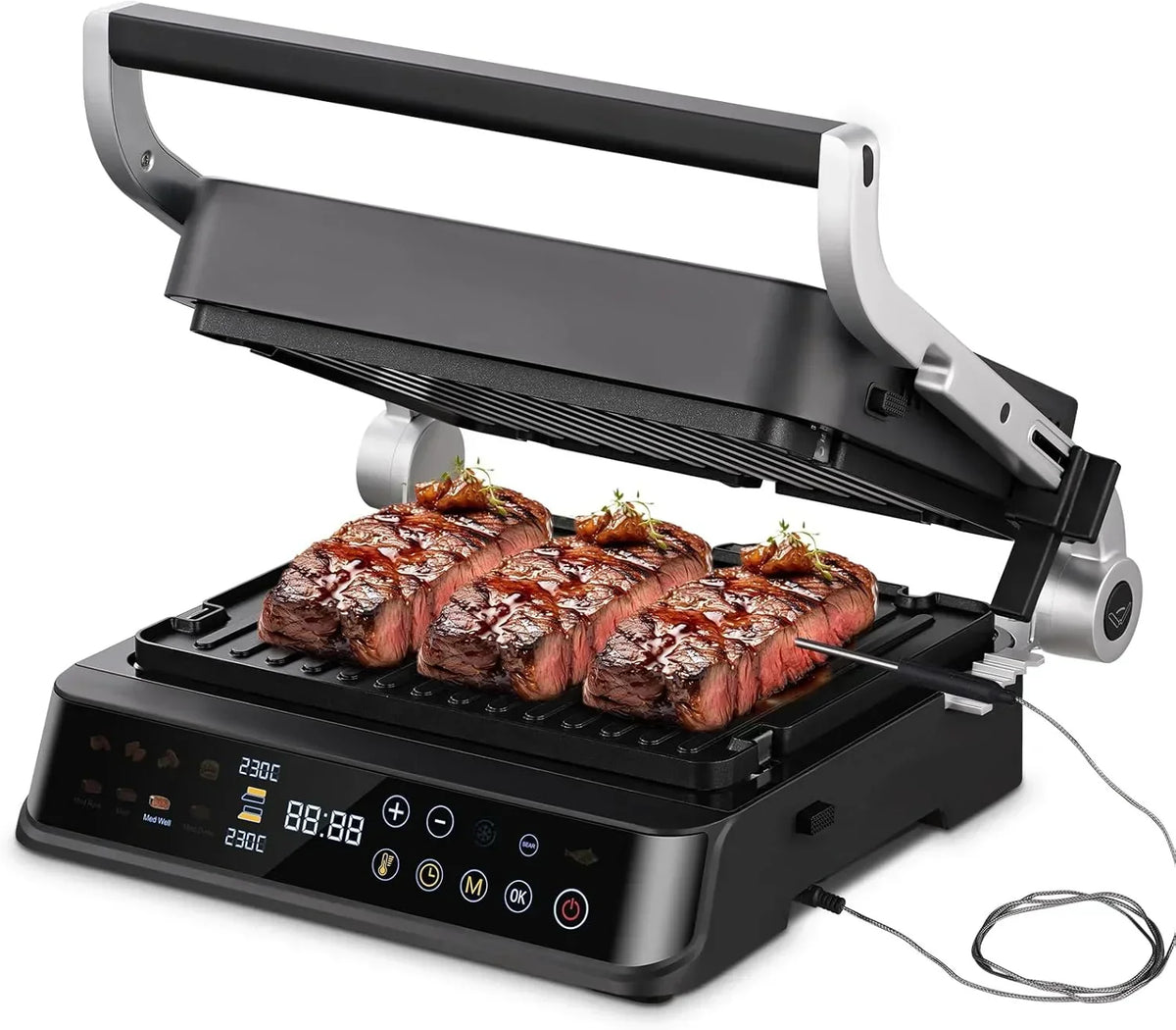 AMZCHEF Grill Elektryczny z 6 Programami, Funkcja Smażenia w Temp. do 280°C, Tryb Manualny, Czujnik Temperatury, Wyjmowane Płyty i Tacka na Gofry, Idealny do Mięsa, Ryb, Panini i Gofrów
