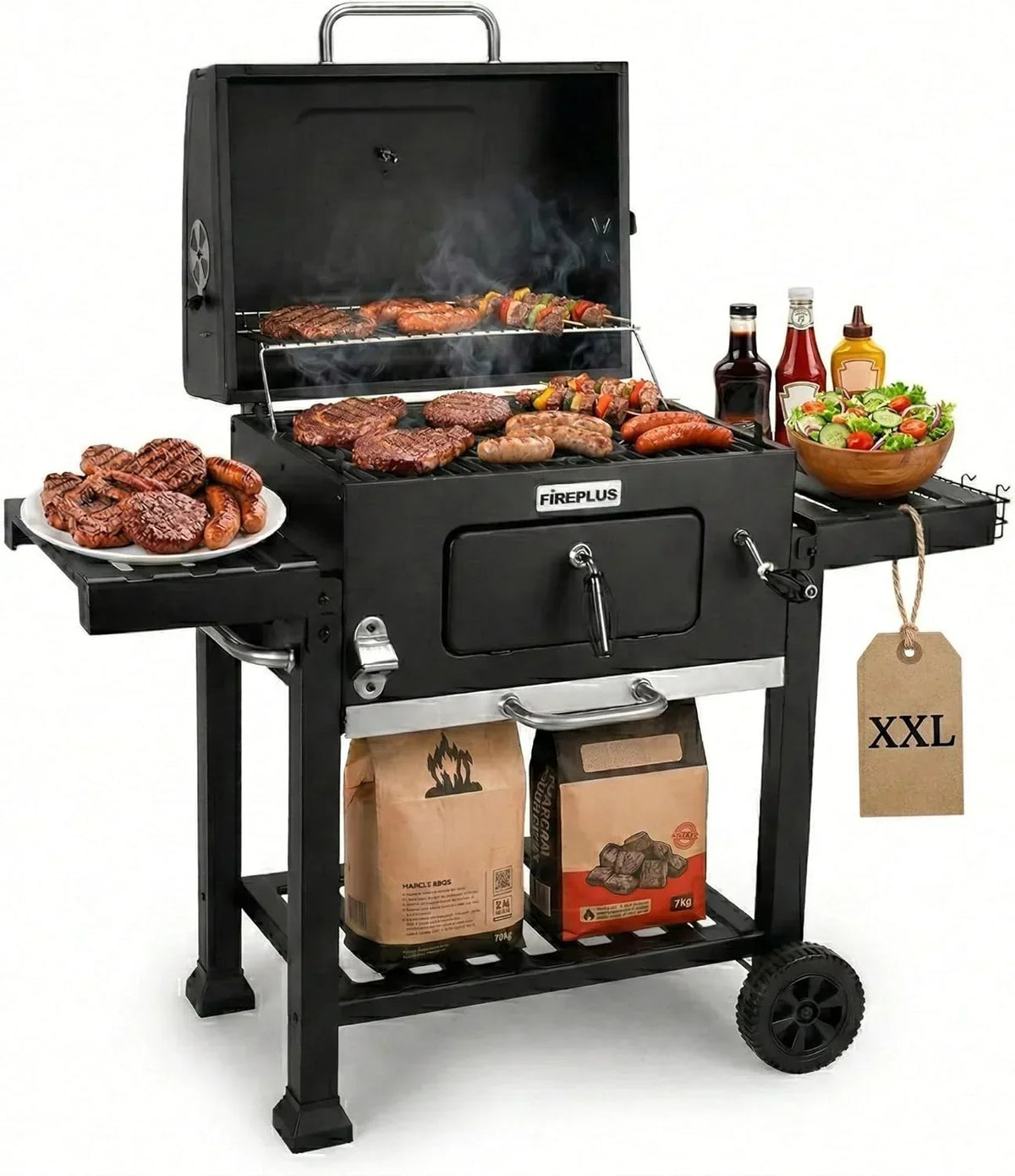Amig - Grill węglowy Fireplus Charcoal BBQ XXL - Ruszt stalowy 57x42cm - Z kółkami i bocznymi półkami - Duży, przenośny rożen - Pojemnik na popiół - 131x116,5x56cm